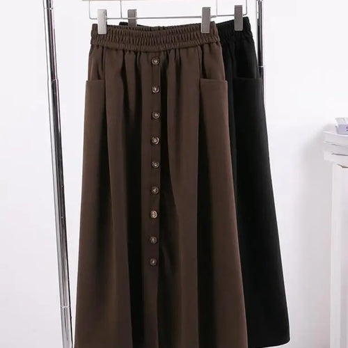 Load image into Gallery viewer, Korean Black Single Breasted Vacation Pleated Skirt Women's 2024 Autumn Winter Brown Elegant High Waist Plus Size Long Skirt New
