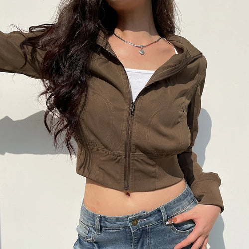 Load image into Gallery viewer, Harajuku Brown Y2K High Waist Bomber Jacket Autumn Winter Casual Tech Zip Up Coat Cropped Stand Collar Outwear Trench

