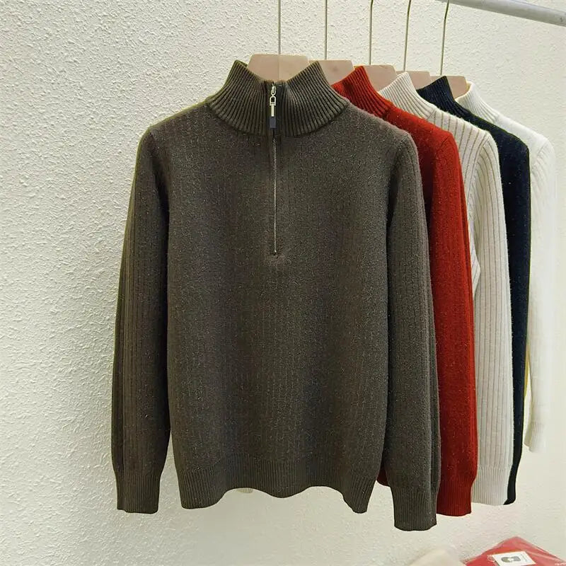 Simplicity 2024 Autumn Winter Solid Velvet Elegant Festival Sweater Korean Fashion Women Long Sleeve Half Zipper Knit Tops Thick