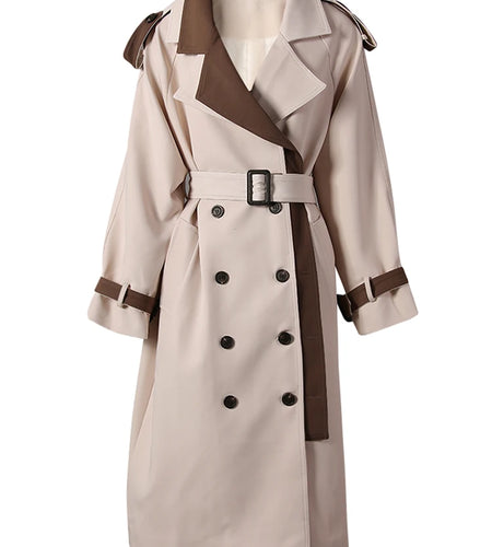 Women Beige Color-block Big Size Long Trench New Lapel Long Sleeve Windbreaker Fashion Tide Spring Autumn 2025 2DA7020