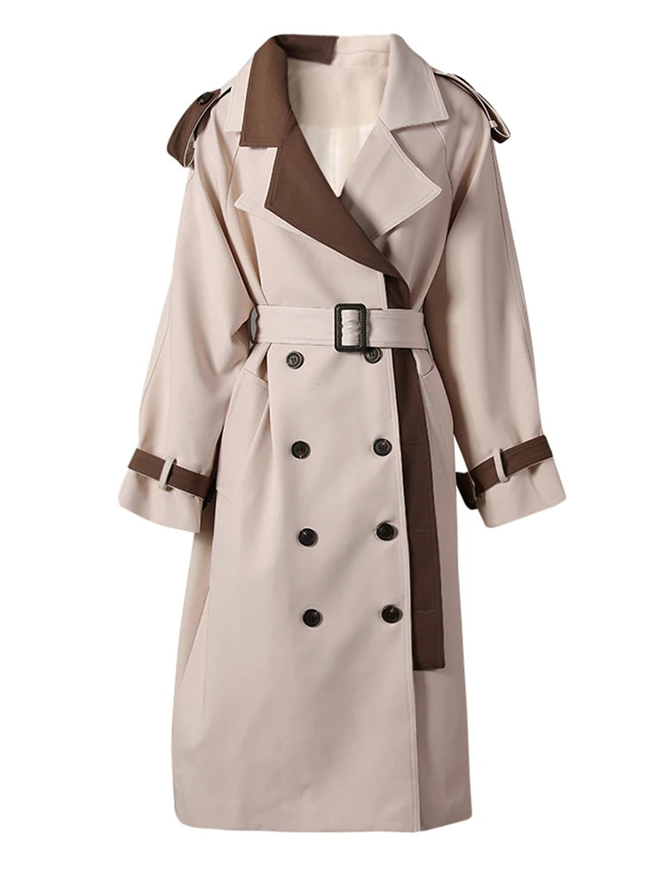 Women Beige Color-block Big Size Long Trench New Lapel Long Sleeve Windbreaker Fashion Tide Spring Autumn 2025 2DA7020