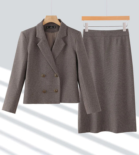 2024 Autumn Winter Suit New Women's Clothing Brown Gray Double Breasted Blazer Jacket And High Waist Long Skirt Two Pieces Sets