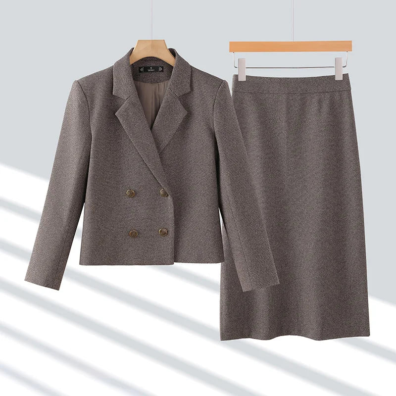 2024 Autumn Winter Suit New Women's Clothing Brown Gray Double Breasted Blazer Jacket And High Waist Long Skirt Two Pieces Sets