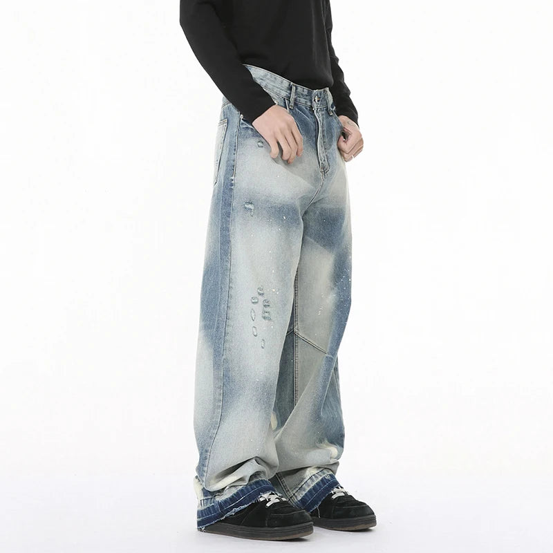 Niche Design Men's Denim Trousers Splash-ink Contrast Color Mill White Raw Edge Baggy Male Straight Leg Jeans Chic 9W1268