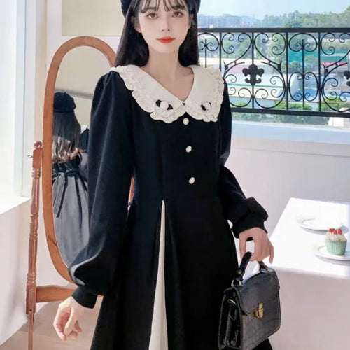 Load image into Gallery viewer, Autumn Black Kawaii Midi Dress Women 2023 Preppy Style School Student Peter Pan Collar Party Dresses Vintage
