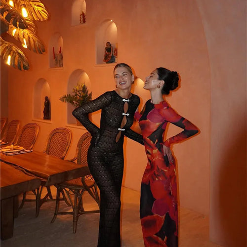 Load image into Gallery viewer, Hollow Out Knit Sexy Maxi Dress Women Fashion See Through Smock Dress Elegant Long Sleeve Backless Fishtail Dress
