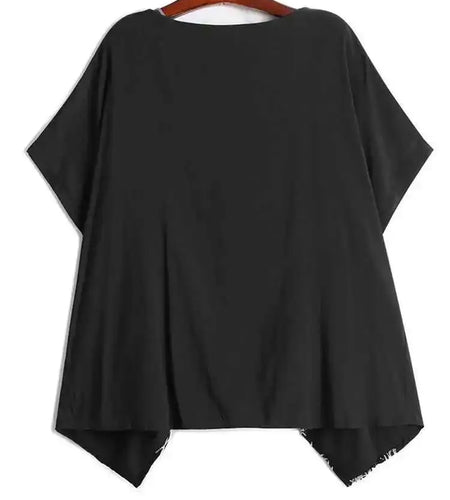 Women Black Pattern Printed Big Size Irregular T-shirt New Round Neck Short Sleeve Fashion Tide Spring Summer 2025 1DH6612