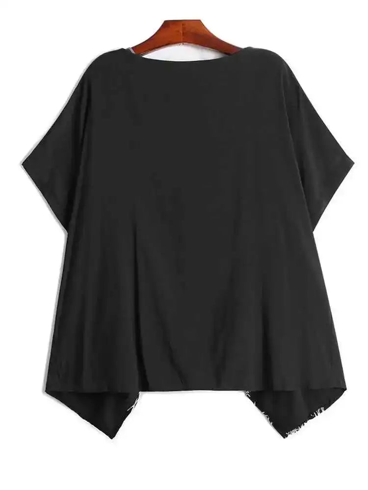 Women Black Pattern Printed Big Size Irregular T-shirt New Round Neck Short Sleeve Fashion Tide Spring Summer 2025 1DH6612