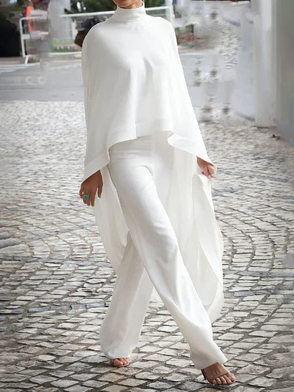 Women's Two Pieces Pants Set 2025 Spring Summer High-Neck High-Low Loose Tops & Wide Leg Mactching Suits Sets Female