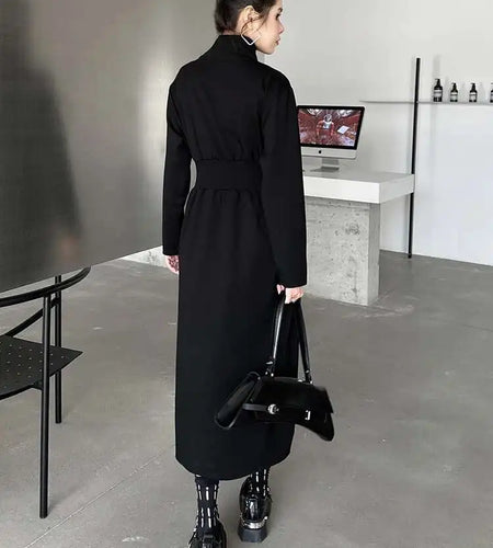 Women Black Zipper Irregular Hem Slit Midi Dress New Turtleneck Long Sleeve Fashion Tide Spring Autumn 2025 1DH9354