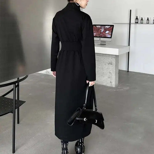 Load image into Gallery viewer, Women Black Zipper Irregular Hem Slit Midi Dress New Turtleneck Long Sleeve Fashion Tide Spring Autumn 2025 1DH9354
