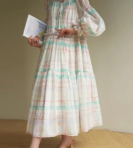 Hit Color Loose Casual Dresses For Women V Neck Long Sleeve High Waist Temperament Dress Female Fashion Style New