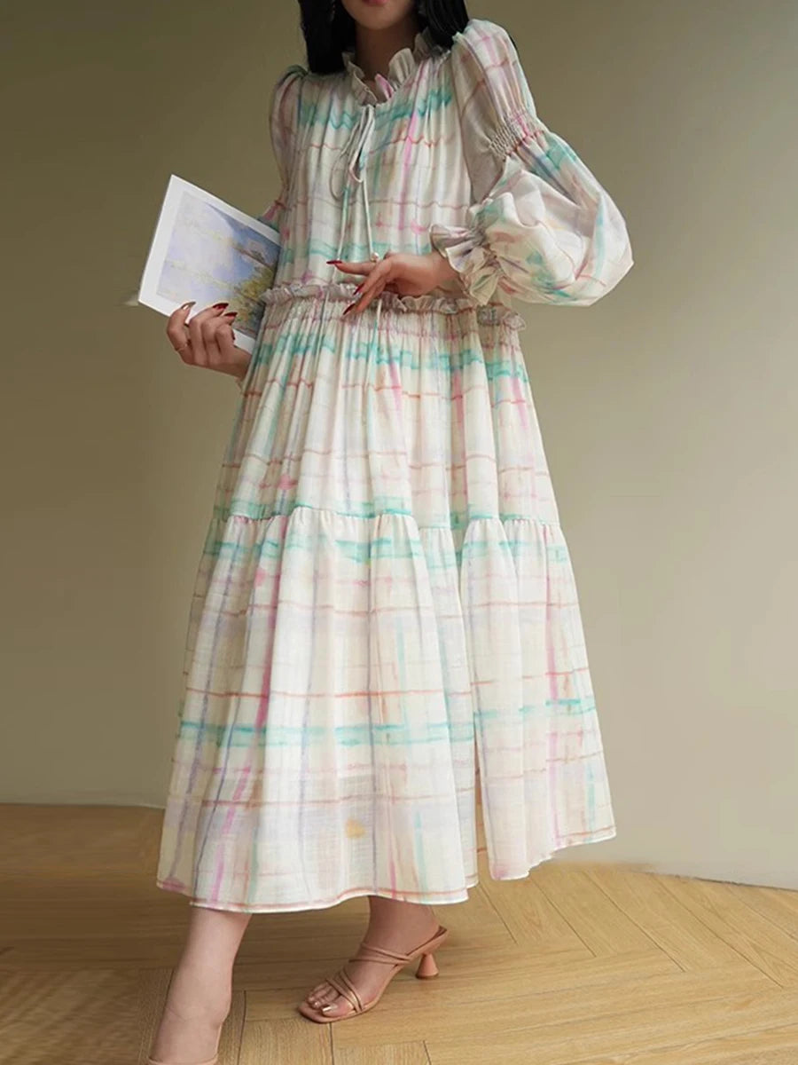 Hit Color Loose Casual Dresses For Women V Neck Long Sleeve High Waist Temperament Dress Female Fashion Style New