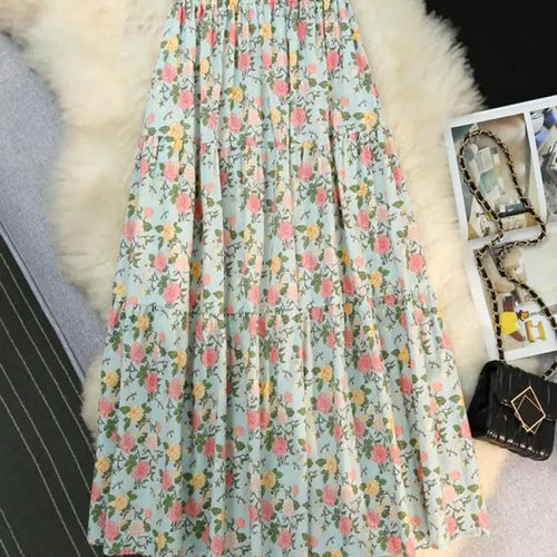 Load image into Gallery viewer, Vintage New Blue Flower Party A-line Skirt Bohemia 2024 Spring Summer Green Printing Elastic High Waist Women's Long Skirts Chic
