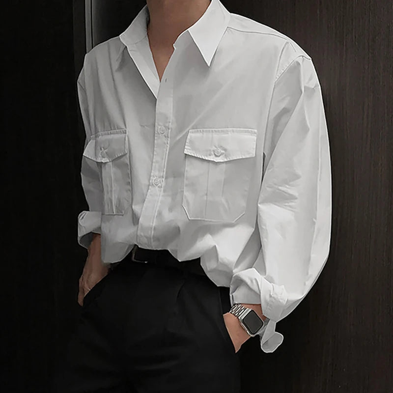 Big Pcoket Deisgn Men's Shirts Turn-down Collar Single Breasted Solid Color Casual Tops Long Sleeved Male Shirt New 9W1224