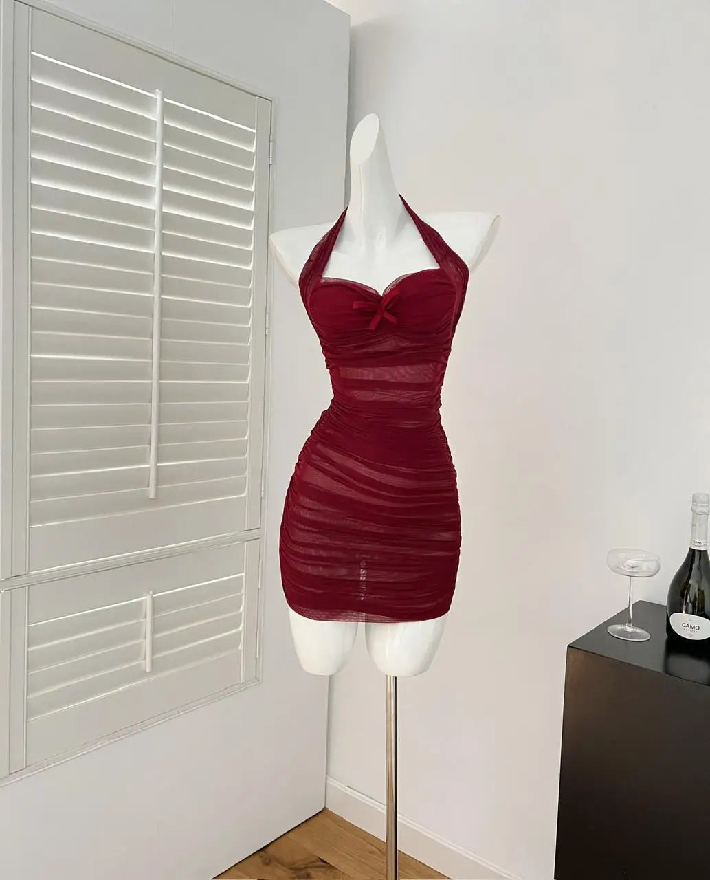 Korean Women Red Bow Backless Slim Pleated Halter Short Dress Summer Sexy Club Elegant Sleeveless Party Dress Simplicity Popular