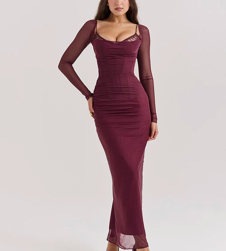 Elegant Sheer Long Sleeve Sexy Maxi Dress For Women Fashion Mesh Strapless Backless Club Party Sexy Long Dress 2024