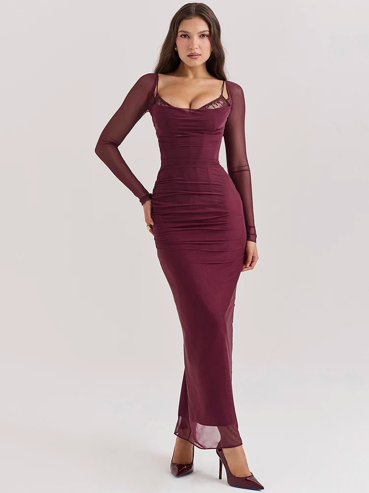 Elegant Sheer Long Sleeve Sexy Maxi Dress For Women Fashion Mesh Strapless Backless Club Party Sexy Long Dress 2024