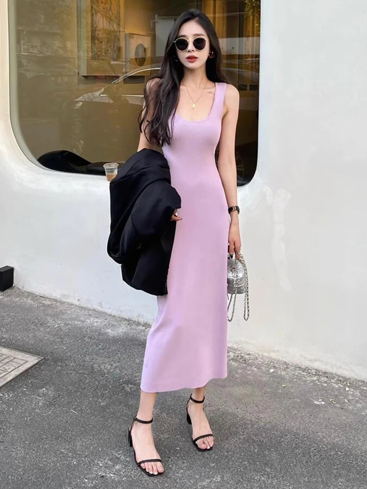 High Quality Ribbed Thick Knitted Maxi Dress For Women 2023 Sexy Bodycon Long Dress Sundress Ladies Pink Wrap Dresses C-024