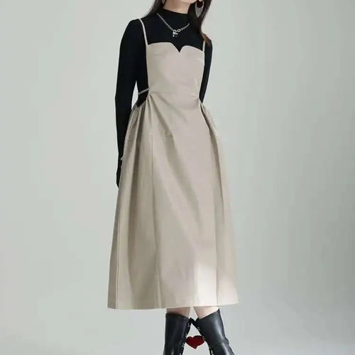 Load image into Gallery viewer, Women Apricot PU Leather Big Size Spaghetti Strap Dress New Square Collar Loose Fit Fashion Spring Autumn 2025 1DF4804
