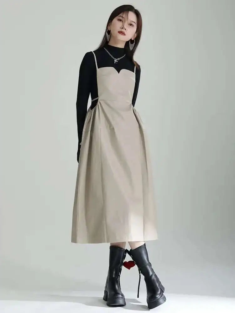 Women Apricot PU Leather Big Size Spaghetti Strap Dress New Square Collar Loose Fit Fashion Spring Autumn 2025 1DF4804