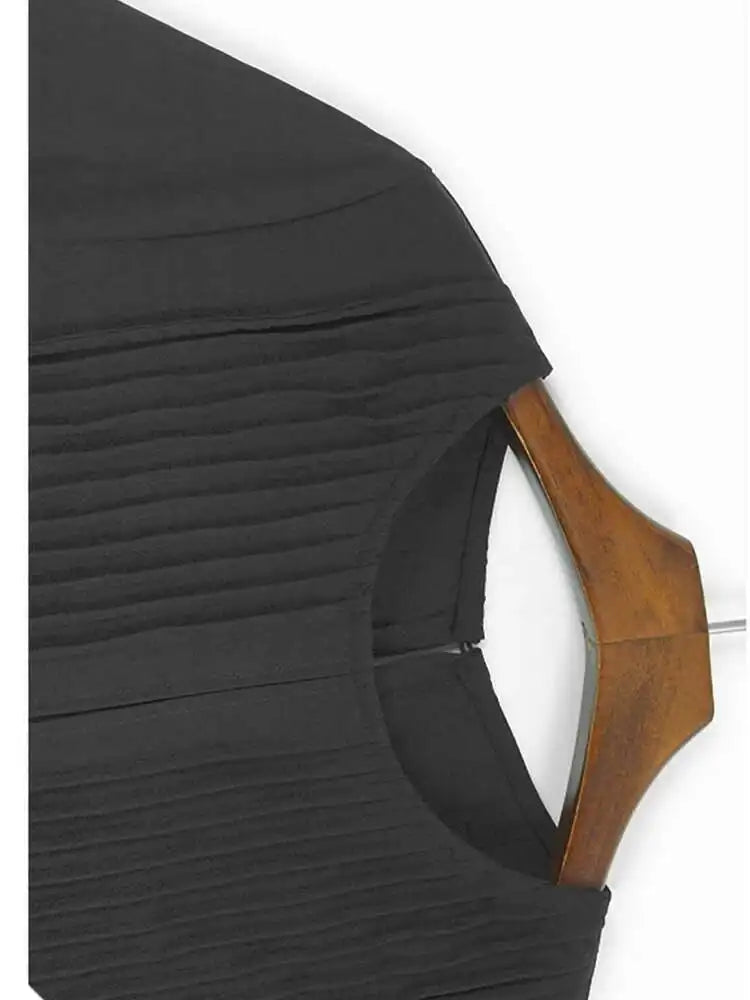 Women Black Pleated Brief Big Size Midi Dress New Round Neck Three-quarter Sleeve Fashion Spring Autumn 2025   1DJ0716