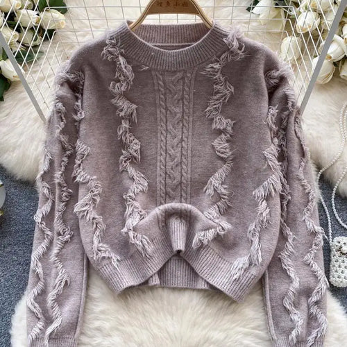 Load image into Gallery viewer, Autumn Winter Solid Loose Tassel Sweater Women Knitted Round Neck Pullover Women Long Sleeve Korean Version Warm Female Tops Y2k
