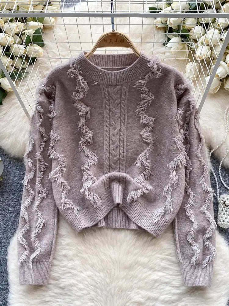 Autumn Winter Solid Loose Tassel Sweater Women Knitted Round Neck Pullover Women Long Sleeve Korean Version Warm Female Tops Y2k
