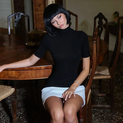 Load image into Gallery viewer, Sexy Half High Collar Half Sleeve Patchwork Mini Dress Women Slim Elegant High Waist Dress Streetwear Female Clothes
