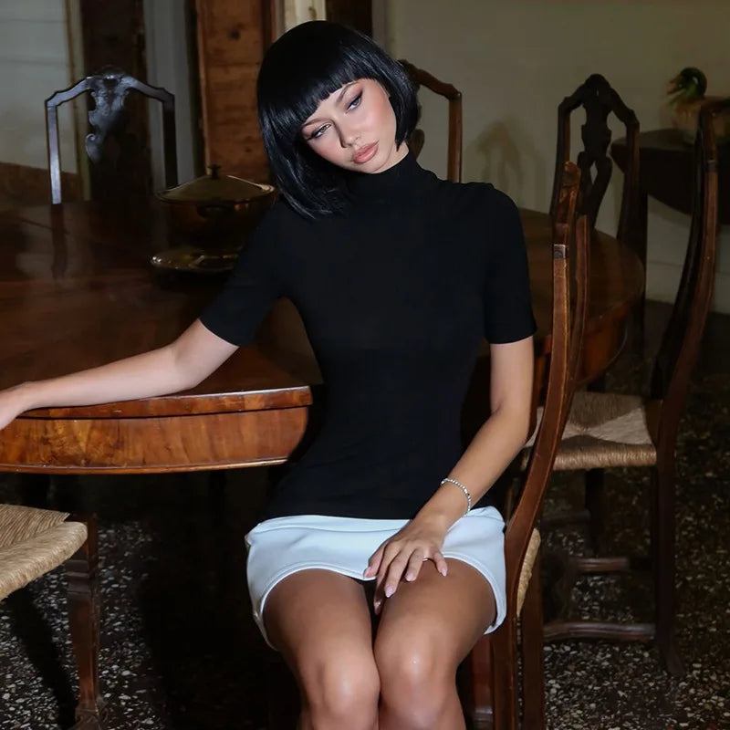 Sexy Half High Collar Half Sleeve Patchwork Mini Dress Women Slim Elegant High Waist Dress Streetwear Female Clothes