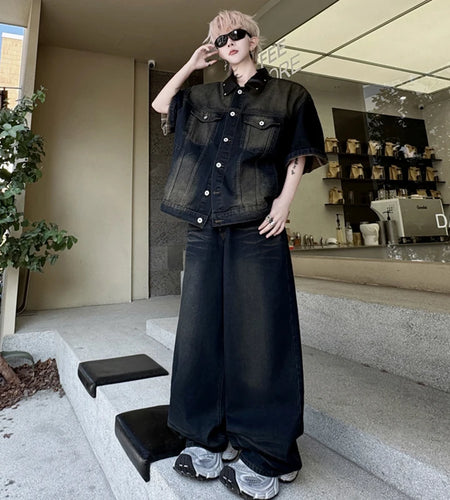 Men's Pants Set New Summer Split Leather Rivet Short Sleeve Denim Jacket Male Loose Gradient Color Tredny Trousers 9W1792