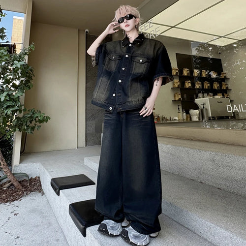 Load image into Gallery viewer, Men&#39;s Pants Set New Summer Split Leather Rivet Short Sleeve Denim Jacket Male Loose Gradient Color Tredny Trousers 9W1792
