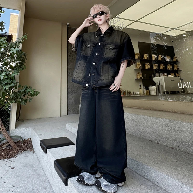 Men's Pants Set New Summer Split Leather Rivet Short Sleeve Denim Jacket Male Loose Gradient Color Tredny Trousers 9W1792