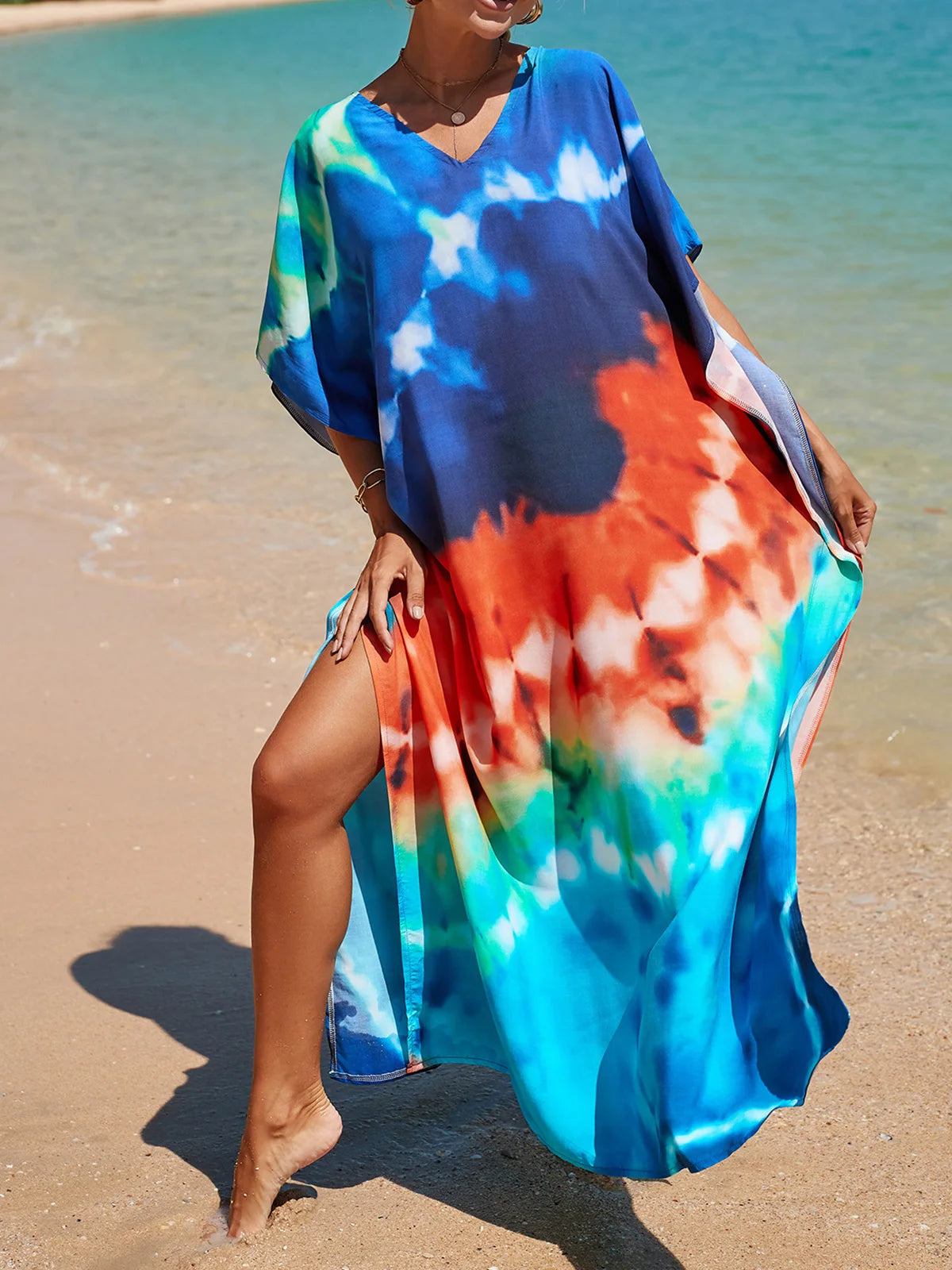 Colorful Kaftan Tunic Beach Cover Up Cover-ups Beach Dress Beach Wear Beachwear Loose Maxi Dress Female Women V4428