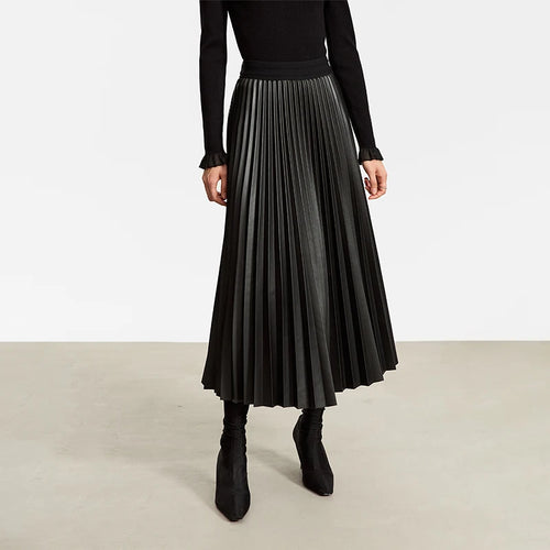 Load image into Gallery viewer, Minimalist Retro Fashion Women Skirts 2024 Winter New A-line Pleated PU Simple Office Lady Leather Skirt Female 12323021
