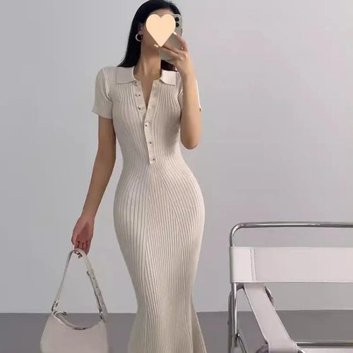 Load image into Gallery viewer, French Fashion Women's Solid Short Sleeved Office Lady Knitted Long Dress Summer Single Breasted Slim Wrap Hip Fishtail Dresses
