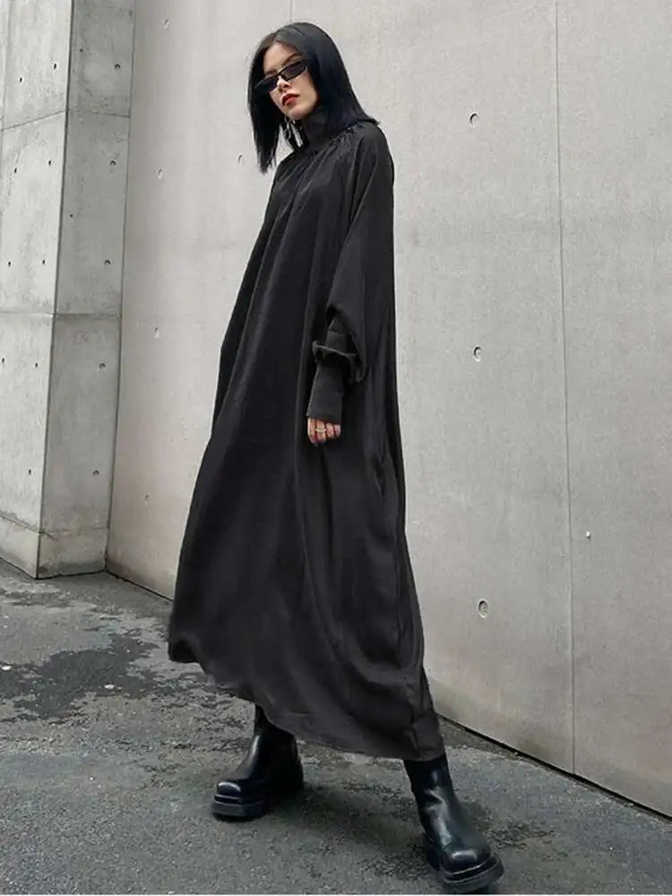 Women Gray Brief Long Big Size Elegant Dress New Turtleneck Long Sleeve Loose Fit Fashion Tide Spring Autumn 2025 1DH0252