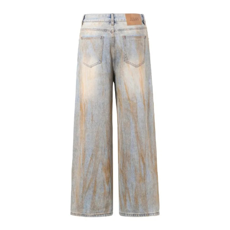Stylish Men's Jeans American Distressed Baggy Straight Wide Leg Design Tie-dyed Personalized Male Trousers 2025 9W1561