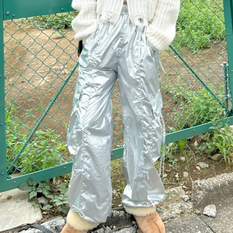 Y2K Harajuku Bow Low Rise Cargo Pants Female Korean Fashion Drawstring Pockets Solid Baggy Trousers Tech Sweatpants
