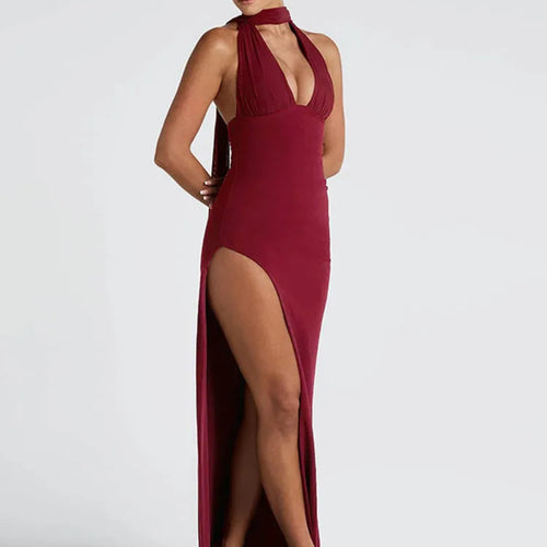 Load image into Gallery viewer, Scarf Collar Backless Sexy Maxi Dress Women Gown Fashion Halter Deep V Neck Thigh High Split Bodycon Long Dress
