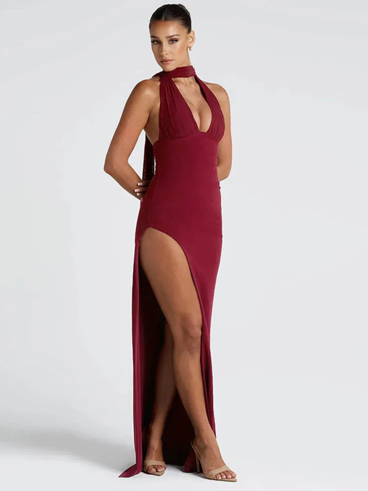 Scarf Collar Backless Sexy Maxi Dress Women Gown Fashion Halter Deep V Neck Thigh High Split Bodycon Long Dress
