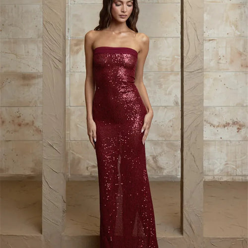 Load image into Gallery viewer, Sequin Strapless High Split Sexy Maxi Dress Women Elegant Off-shoulder Sleeveless Backless Sparkle Floor Length Dress
