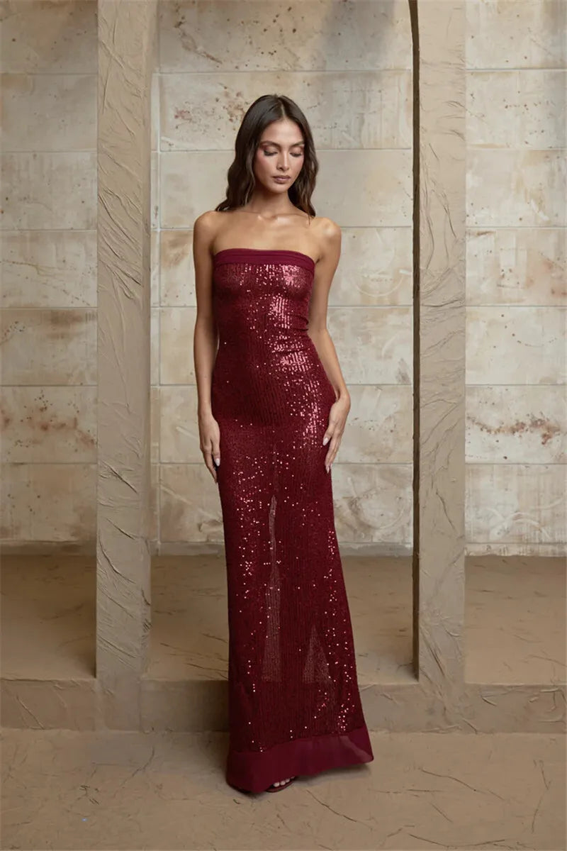 Sequin Strapless High Split Sexy Maxi Dress Women Elegant Off-shoulder Sleeveless Backless Sparkle Floor Length Dress