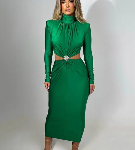 Elegant Hollow Out Sexy Maxi Dress For Women Autumn Winter New Turtleneck Long Sleeve Bodycon Club Party Evening Dress