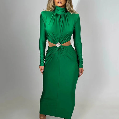 Load image into Gallery viewer, Elegant Hollow Out Sexy Maxi Dress For Women Autumn Winter New Turtleneck Long Sleeve Bodycon Club Party Evening Dress
