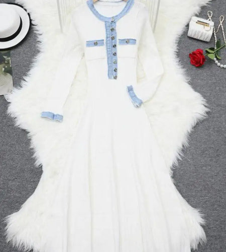 Autumn 2024 New Women's Black White Blue Patchwork Single Breasted Knitted Dress French Elegant Festival Long Sleeve Dress Trend