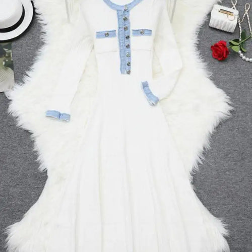 Load image into Gallery viewer, Autumn 2024 New Women's Black White Blue Patchwork Single Breasted Knitted Dress French Elegant Festival Long Sleeve Dress Trend
