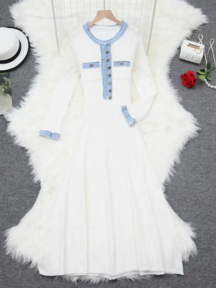 Autumn 2024 New Women's Black White Blue Patchwork Single Breasted Knitted Dress French Elegant Festival Long Sleeve Dress Trend