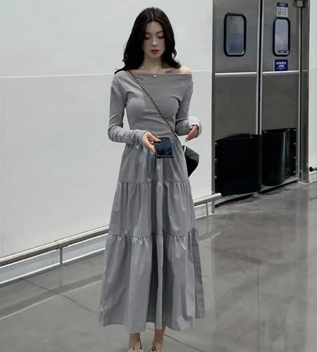Autumn Gray Elegant High Waist Evening Party Dresses Women Long Sleeve Off Shoulder Sexy Club Pleated Long Dress French Popular