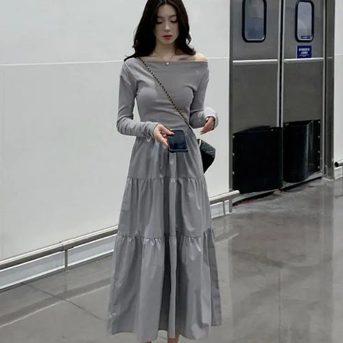Load image into Gallery viewer, Autumn Gray Elegant High Waist Evening Party Dresses Women Long Sleeve Off Shoulder Sexy Club Pleated Long Dress French Popular

